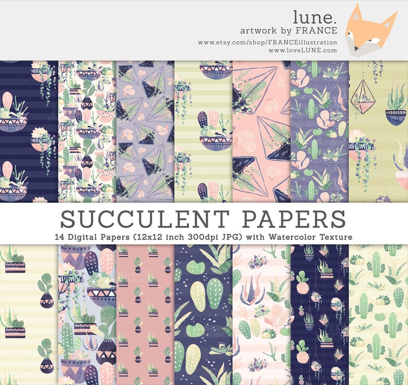 3 FOR 2. Watercolor Succulent Cactus Digital Paper Pack. Pastel Garden Pot Plants, Terrarium Pattern Papers. For Wedding Invitation Design. image 1