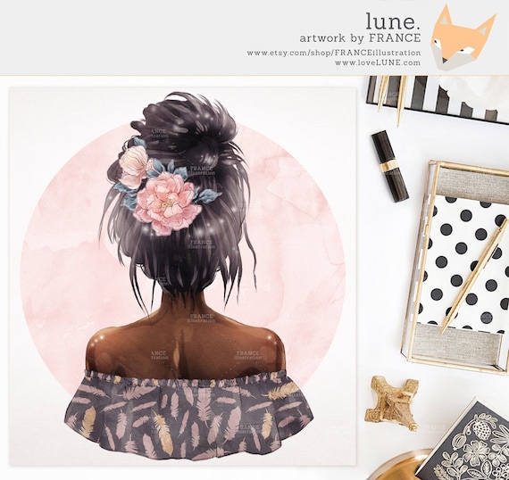 3 FOR 2. Black Girl Clipart - Watercolor Fashion Illustration - Chic Planner Sticker Ideas - Boho Tribal Fashionista - Flower Hairpiece.