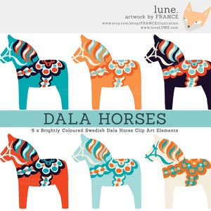 May include: Six brightly colored Swedish Dala horse clip art elements. The horses are painted in blue, orange, black, red, light blue, and white with traditional Swedish folk art designs.