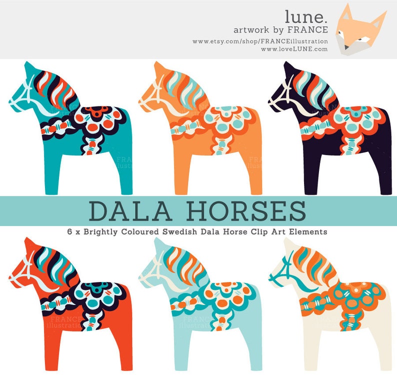 May include: Six brightly colored Swedish Dala horse clip art elements. The horses are painted in blue, orange, black, red, light blue, and white with traditional Swedish folk art designs.
