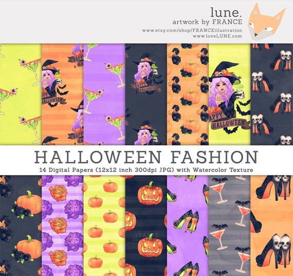 3 FOR 2. Halloween Digital Paper. Halloween Fashion Illustrations. Pumpkin Paper, Halloween Drinks, Halloween Witch Tattoo. CA006.
