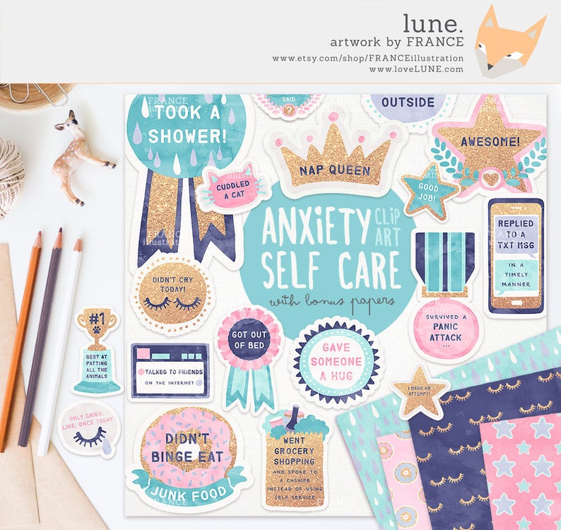 May include: A set of colorful digital stickers with glitter accents and watercolor backgrounds. The stickers feature phrases related to self-care, such as "Took a Shower!" and "Didn't Binge Eat Junk Food".