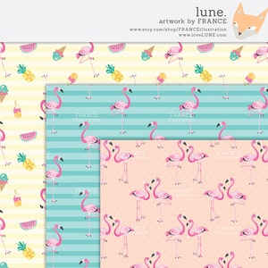 3 FOR 2. Summer Digital Papers, Watercolor Flamingo, Pineapple Pattern, Cute Kids Scrapbooking, Beach, Watermelon, Ice Cream, Tropical Fruit image 2