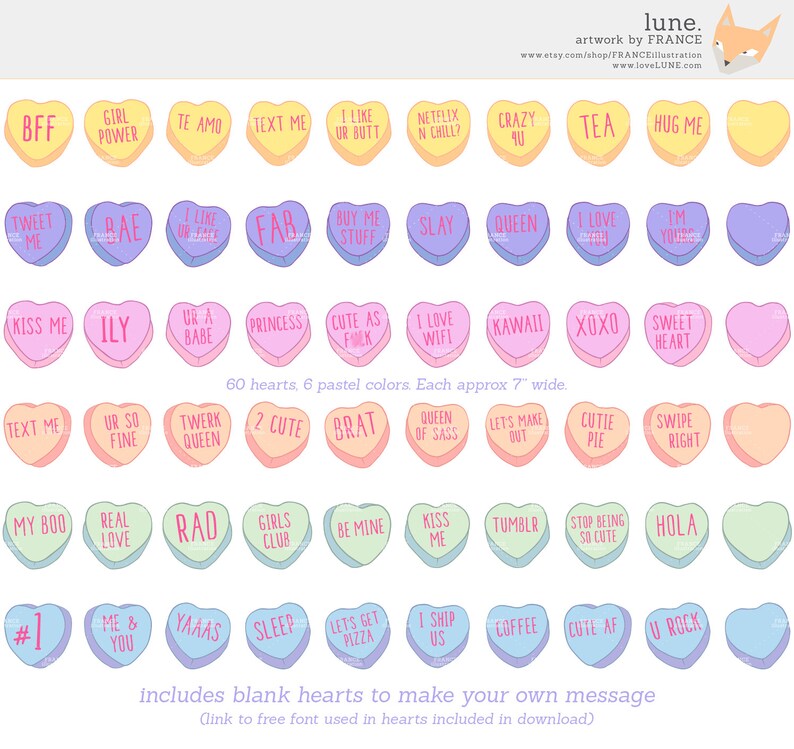 May include: Sixty pastel-colored heart-shaped stickers with various phrases and designs. The stickers are approximately 7 inches wide.