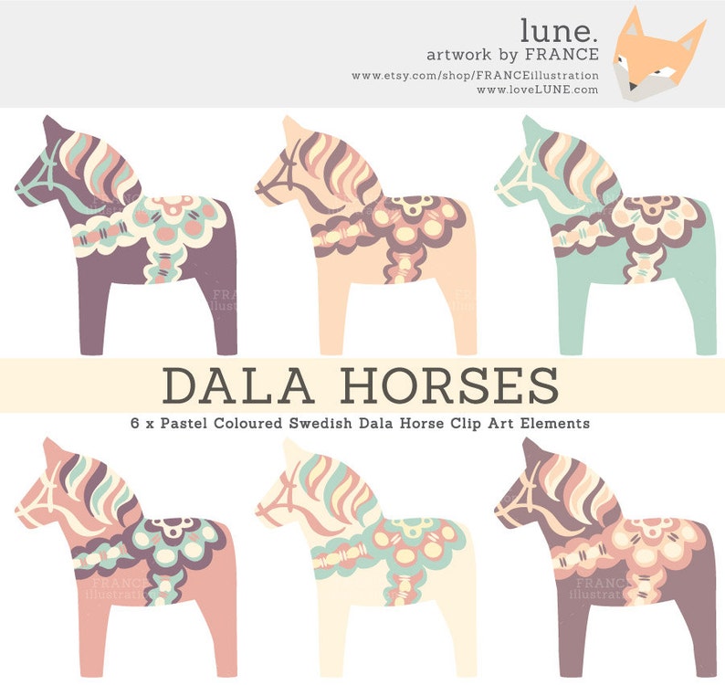 Cute Dala Horse Clip Art Pastel Color Nordic Folk Art Designs Dalah\u00e4stDalecarlian Horse Pony. 3 FOR 2 Swedish Scandinavian Clipart