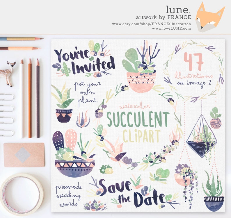 May include: Watercolor succulent clipart with 47 illustrations. The clipart includes a variety of succulents in pots, hanging planters, and a "Save the Date" sign. The text "You're Invited" and "pot your own plant" are also included.