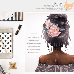 Puede incluir: Una ilustraci&oacute;n digital de una mujer con cabello largo y oscuro, vistiendo un vestido floral rosa y gris. Lleva una corona de flores en el pelo con flores rosas y blancas. El fondo es blanco.