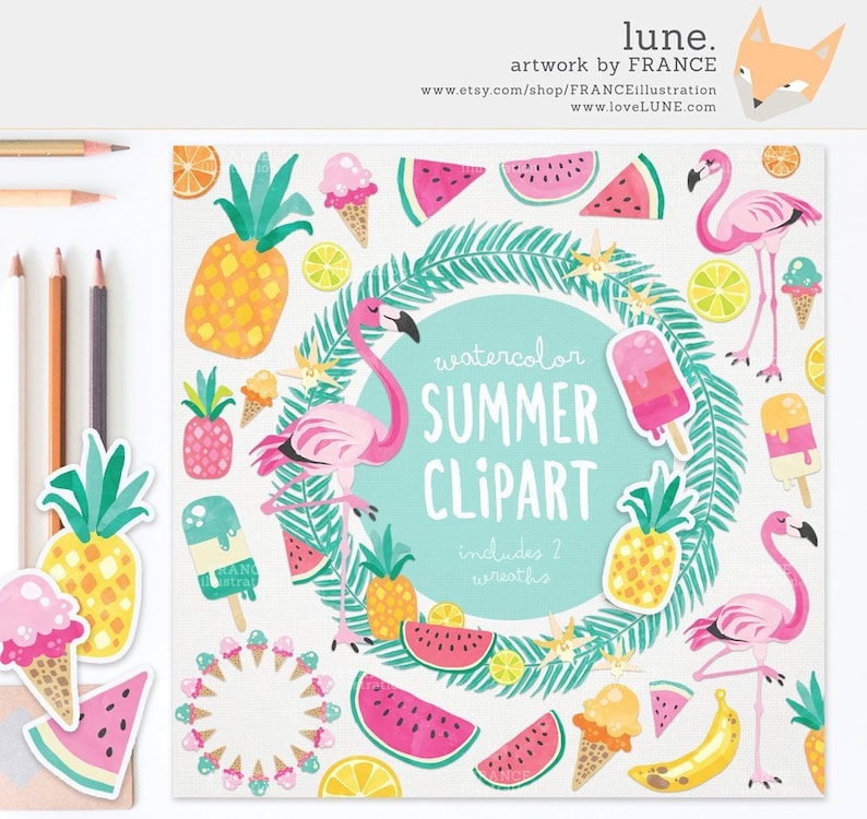 3 FOR 2. Watercolor Summer Clipart, Tropical Clipart, Beach Clip Art, Flamingo Clipart, Pineapple Clipart, Vacation, Food, Fruit, Ice Cream image 1