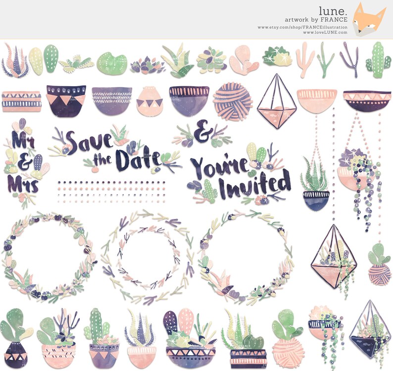 May include: A set of watercolor illustrations featuring succulents in pots, hanging planters, and wreaths. The illustrations are in shades of pink, green, and purple. The text "Mr & Mrs", "Save the Date", and "You're Invited" is included.