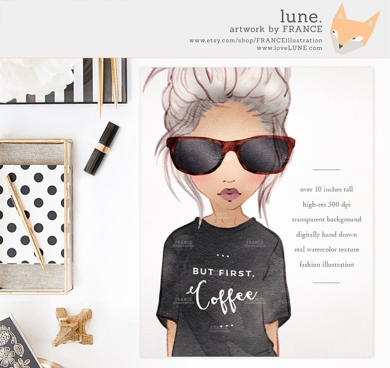 May include: A digital illustration of a woman with a bun in her hair wearing sunglasses and a black t-shirt that says "But first, coffee". The illustration is done in a watercolor style and has a transparent background.