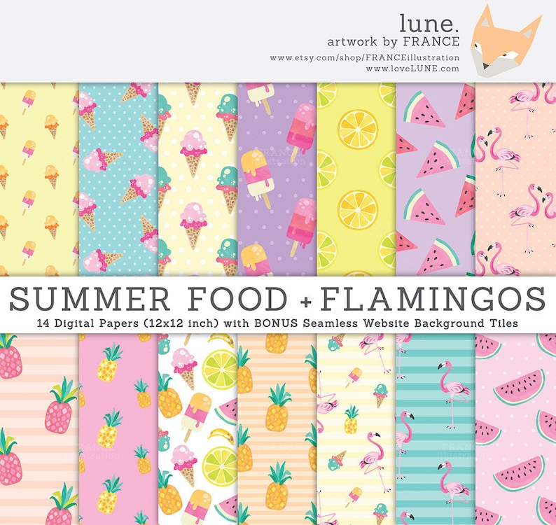 May include: A set of 14 digital papers featuring summer food and flamingo designs. The papers are 12 inches by 12 inches and include a bonus set of seamless website background tiles.