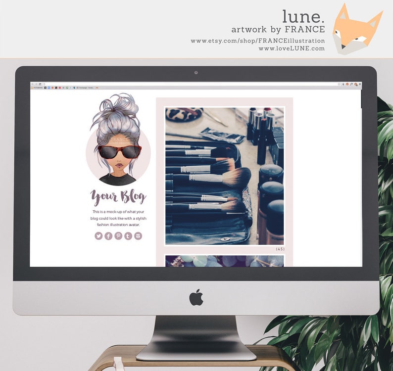 May include: A computer screen mockup showing a website design for a blog. The website features a cartoon illustration of a woman with sunglasses and a bun, and the text "Your Blog". The website also includes a photo of makeup brushes and cosmetics.