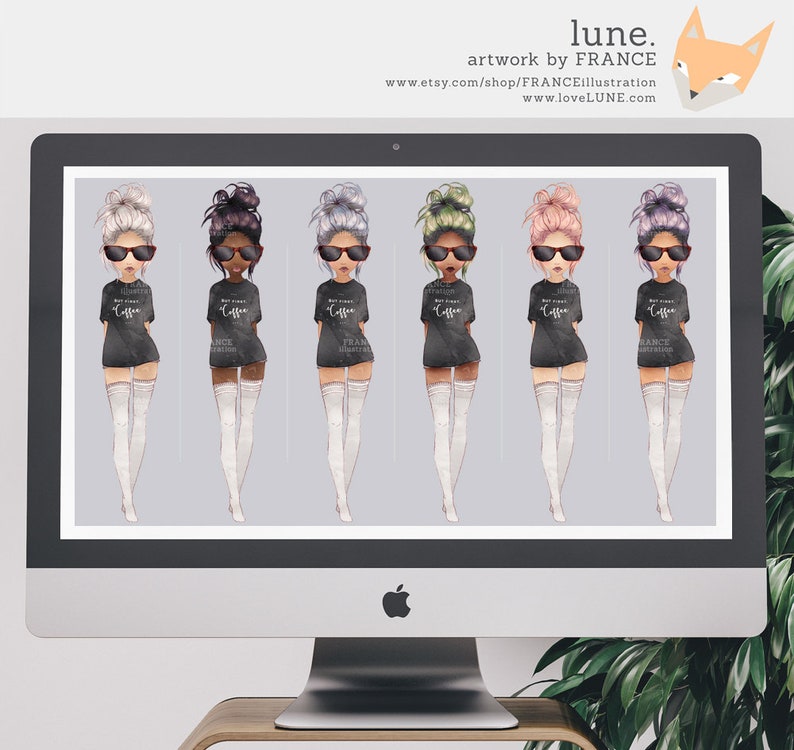 May include: Set of six digital illustrations of cartoon women with different hair colors wearing black t-shirts with the text "But first, coffee" and white thigh-high socks. The background is a light gray.