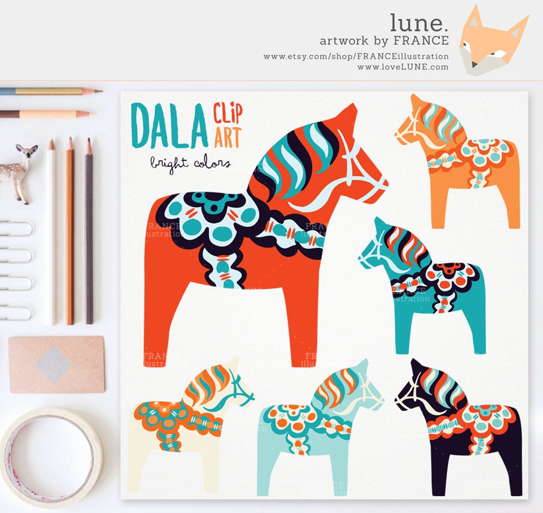 3 FOR 2. Bright Dala Horse Clip Art. Traditional Nordic Folk Art