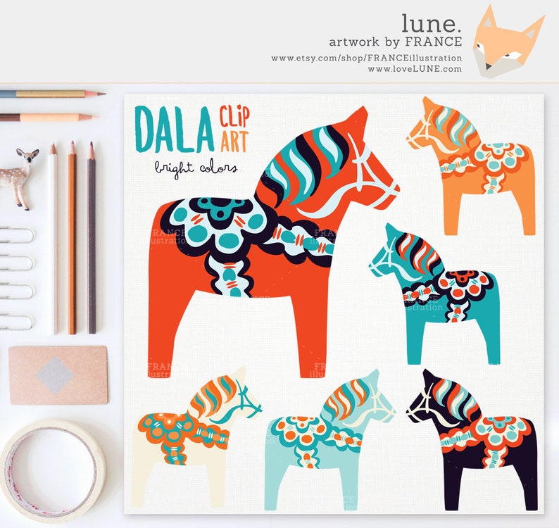 May include: A set of five colorful Dala horse clip art illustrations. The horses are in various colors, including red, orange, blue, and black. The horses are decorated with traditional Swedish folk art designs. The text "DALA CLIP ART bright colors" is at the top of the image.