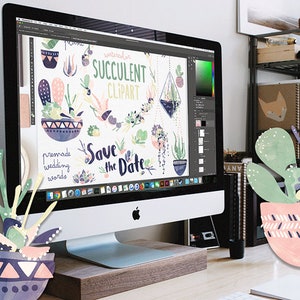 May include: A digital illustration of a set of succulent clipart featuring various cacti and succulents in pots and hanging planters. The clipart is designed for use in wedding invitations, save the dates, and other stationery. The text "Save the Date" is included in the clipart.
