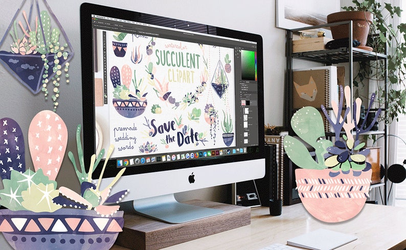 May include: A digital illustration of a set of succulent clipart featuring various cacti and succulents in pots and hanging planters. The clipart is designed for use in wedding invitations, save the dates, and other stationery. The text "Save the Date" is included in the clipart.