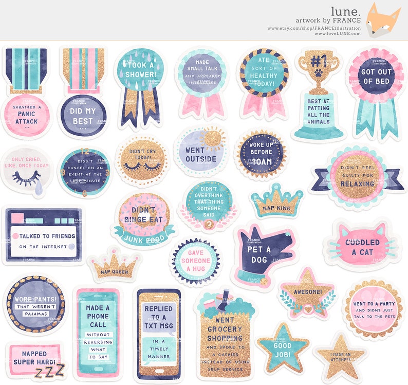 3 FOR 2. Anxiety / Depression Self Care Award Digital Clipart Stickers V2 Gold Glitter. Tumblr Aesthetic. Funny Planner Pattern Papers. image 2