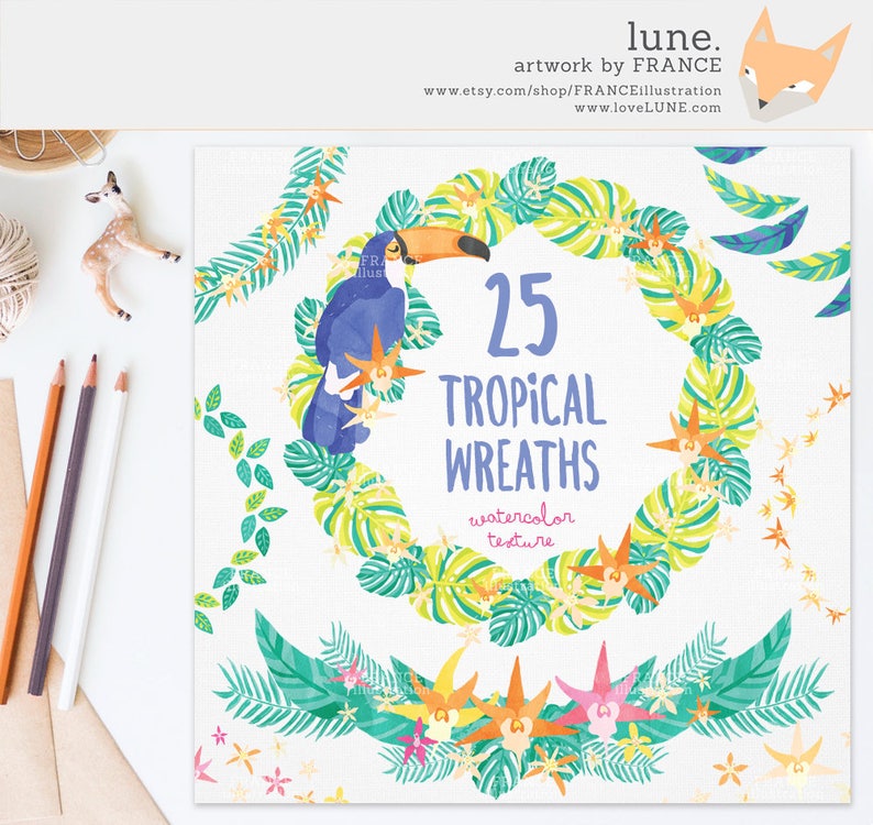 May include: A set of 25 tropical wreaths with watercolor texture. The wreaths are made of green leaves, flowers, and a toucan. The text "25 Tropical Wreaths" is written in the center of the image.