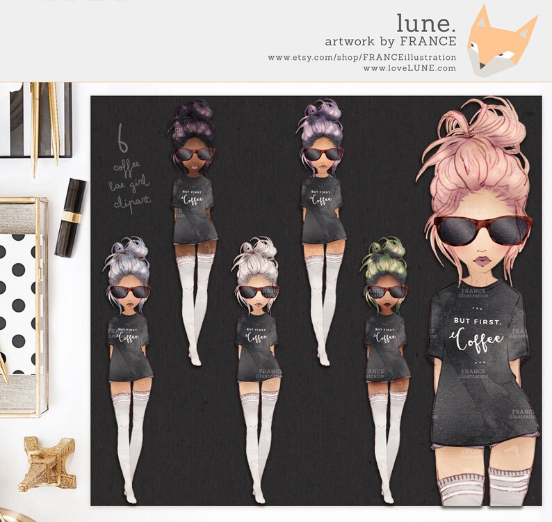 May include: Six digital illustrations of cartoon girls with different hair colors and styles wearing black t-shirts with the text "But First, Coffee" and white thigh-high socks. The girls are standing on a black background.