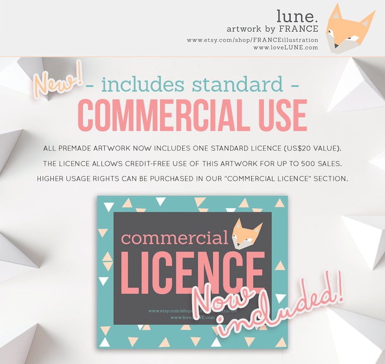 May include: A digital illustration of a fox with a pink and white background. The text "commercial licence now included!" is in a pink circle with a white outline. The text "lune. artwork by FRANCE" is at the top of the image.