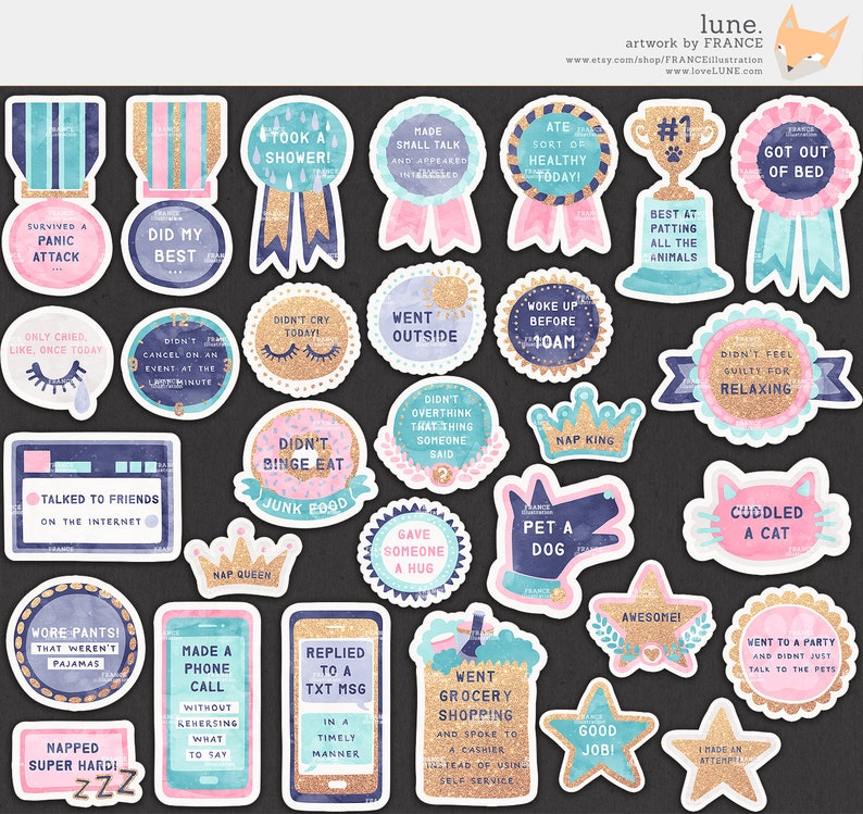 May include: A set of 20 colorful stickers with glitter accents. Each sticker features a different accomplishment or activity, such as "Took a Shower!" or "Went Outside".