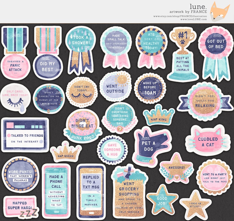 3 FOR 2. Anxiety / Depression Self Care Award Digital Clipart Stickers V2 Gold Glitter. Tumblr Aesthetic. Funny Planner Pattern Papers. image 3