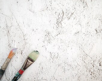May include: Two paintbrushes on a white textured background. One brush has a light blue handle and a white bristle head. The other brush has a dark brown handle and a multi-coloured bristle head.