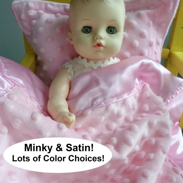 Doll Dream Blankets &Pillows! Fits AG beds! Also for baby when you don't want to take a big blanket! Minky or fleece over satin! SHIPS FREE!