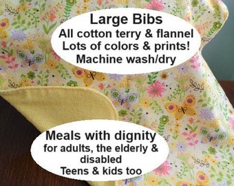 Large Clothes Protectors! Mealtimes w/fun & dignity! Reversible, absorbent cotton bib for adults, the disabled Machine wash/dry! SHIPS FREE!