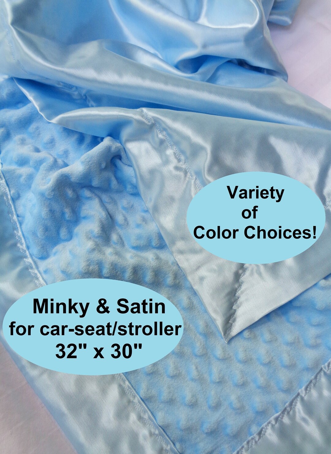 Baby DREAM BLANKET for Carseat or Stroller at 30x 32 Cozy Soft Minky & Flannelbacked Satin