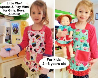 Little Chef Aprons &Play Mitts for girls/boys 2-6 yrs and dolls, too! Machine wash/dry! Ample ties at neck/waist for lasting fit! SHIPS FREE