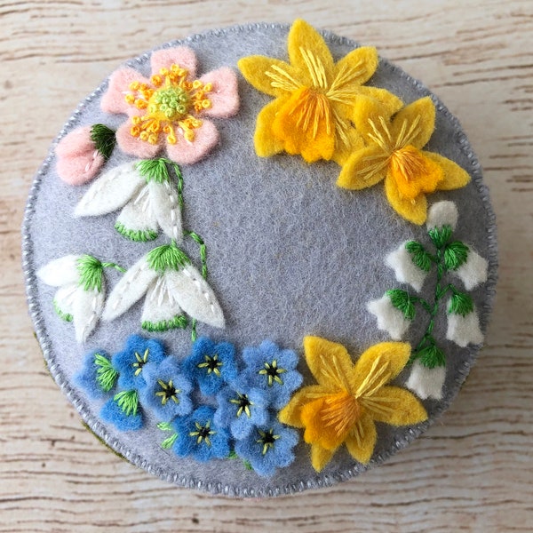 English woodland wildflower pincushion with hand embroidery