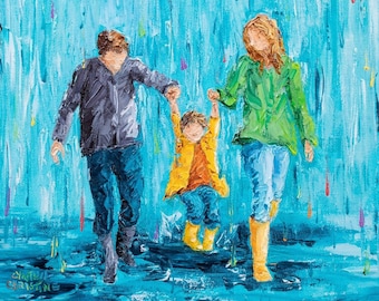 Whimsical Family Portrait Print, Rainy Day Fun, Child in Rain, Families Playing Together, Simple Joys, Puddle Jumping, Stomping in Puddles