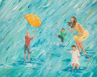 Mom and children wall art, Playroom art, Summer art, Lets play, Rain painting, Mother gift, Family art, Whimsical rainbow, Cherished moments