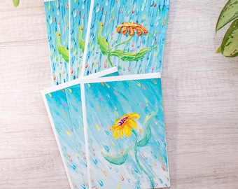 Joyful Spring Card, Joy in the Rain, Art Greeting Cards, Dancing Flowers, Floral Notecards, Whimsical Rainbow Rain, Rainy Day Notes, Fun art