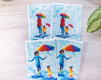 Mother Daughter Art, Mom and Child, Rain Playing Cards, Rainy Day Gift Kids, Black Artwork, Brown People Art, Rainbow Art, Umbrella Painting