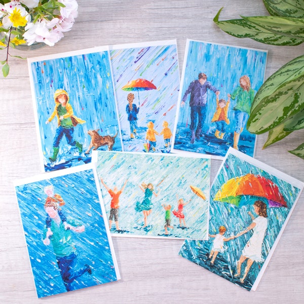 6 Card set, Rainbow Rain Stationary, Family fun, Fine Art Card, Rainy day, Choose Joy, Parent gift, Dad and child, Mom and child, Simple joy