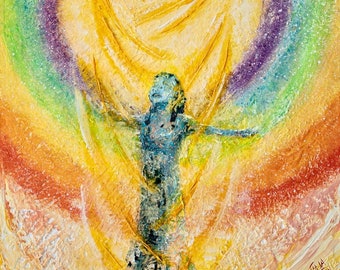 Inspirational art, Joyful in hope, Overcome fear, Figurative art, Abstract painting, Rainbow colors, Gift for women, Light within, Spiritual