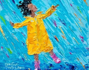 Puddle Jumping Art Print: Whimsical Rainbow Rain, Child in Yellow