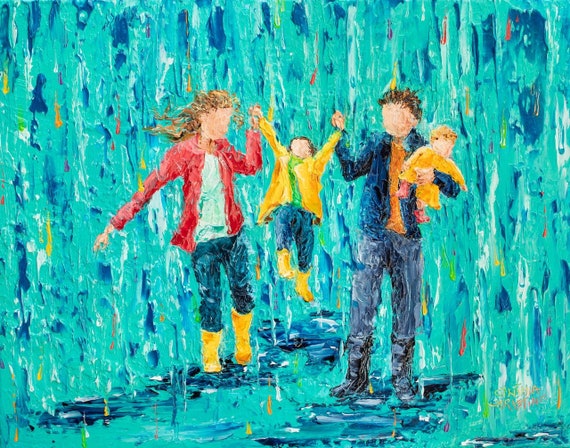 Puddle Jumping Family Art Print: Whimsical Rainy Day, Fun in Rain Together
