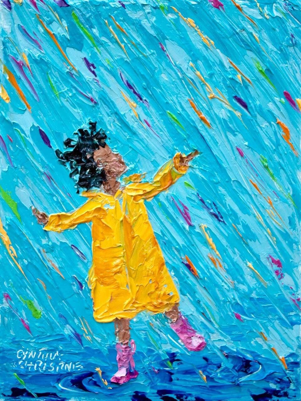 絵画 jumping girl Puddle Jumping Art Print: Whimsical Rainbow Rain, Child in Yellow