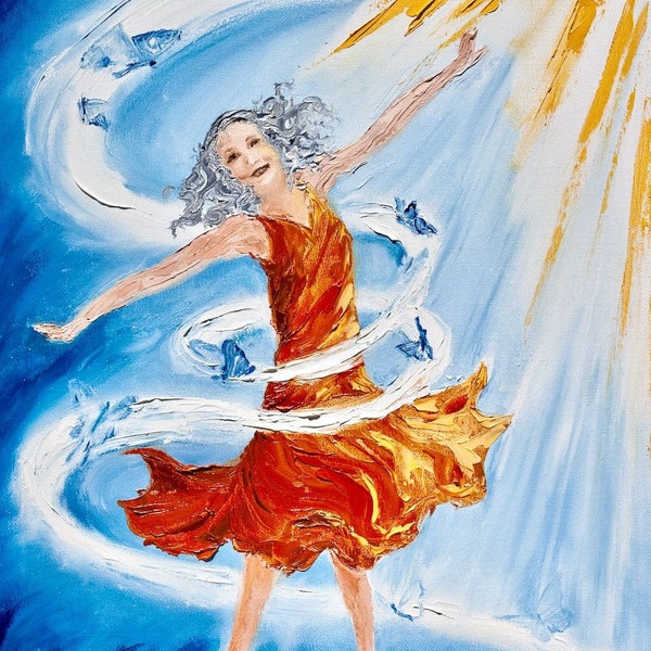 Figurative Oil Painting, Older Woman Dancing, Freedom Art, Set Free, Butterfly Flight, Aging Gracefully, Dancer at Heart, Grandma Gifts