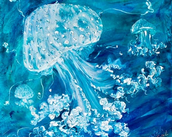 Jellyfish Artwork, Whimsical Beach Art, Nursery Wall Art, Ocean Theme Art, Marine Life, Underwater Sealife, Fun Polkadot Jelly, Alla Prima