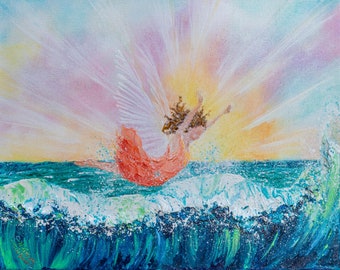 Free to Be, Freedom Flight, Fly Like a Bird, Joyous Painting, Girl Flying, Child's room, Rainbow Sky, Ocean Lover, Wave Art, Beach Artwork