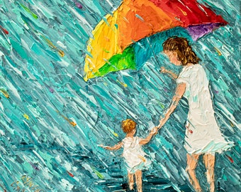 Mother and Child Under Rainbow Umbrella: Walk in Rain, Puddle Jumping Art, Family Artwork