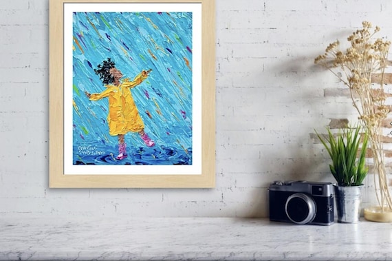 Puddle Jumping Art Print: Whimsical Rainbow Rain, Child in Yellow