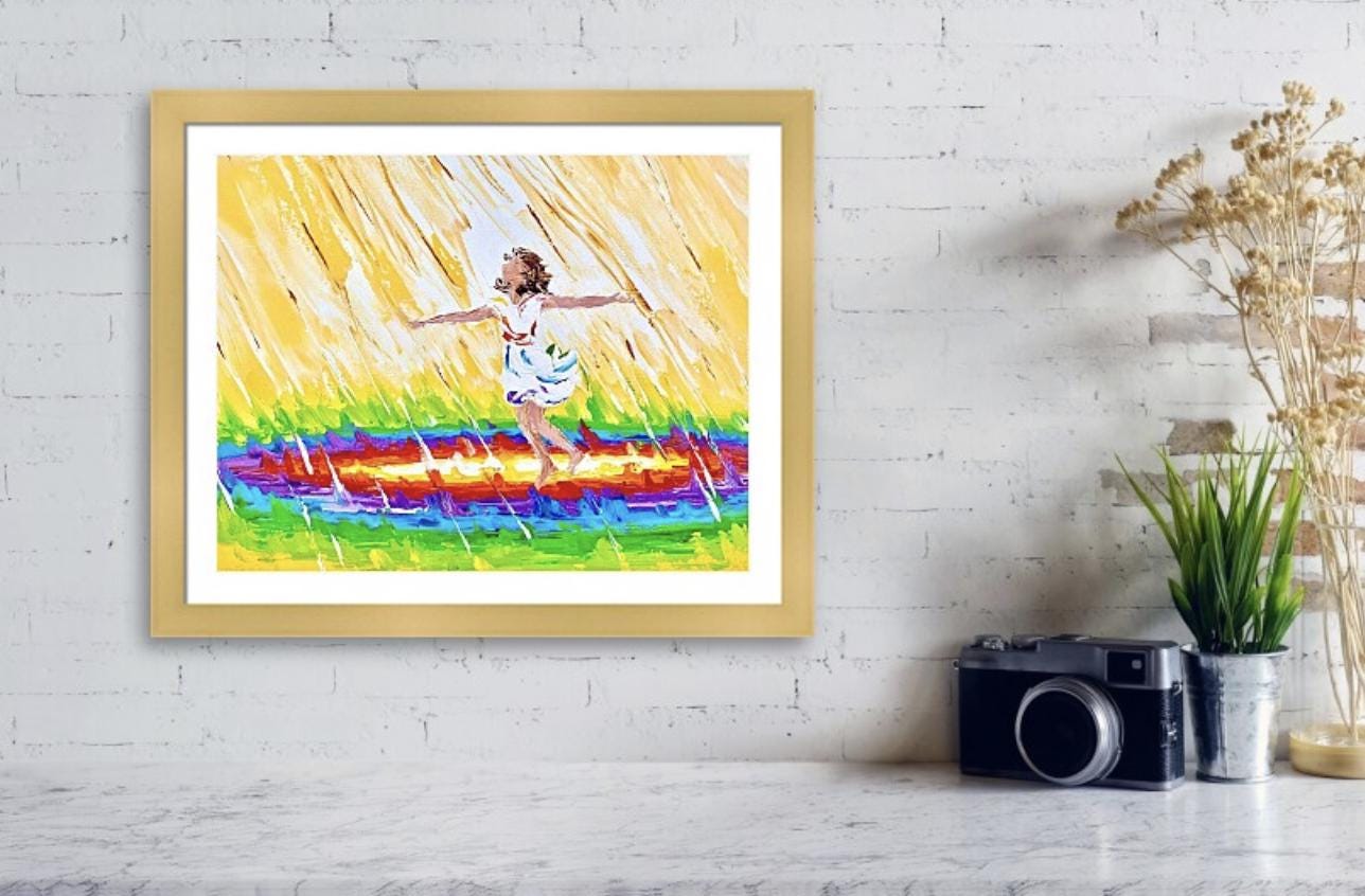 Joy Rain Art Print: Girl Dancing in Rainbow Puddle - Etsy