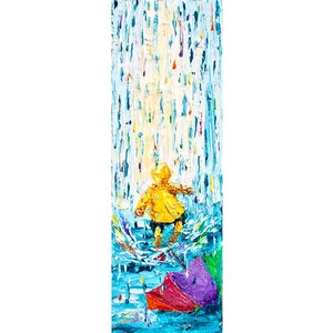 Puddle Jumping Art Print: Child with Rainbow Umbrella, Rainy Day Decor