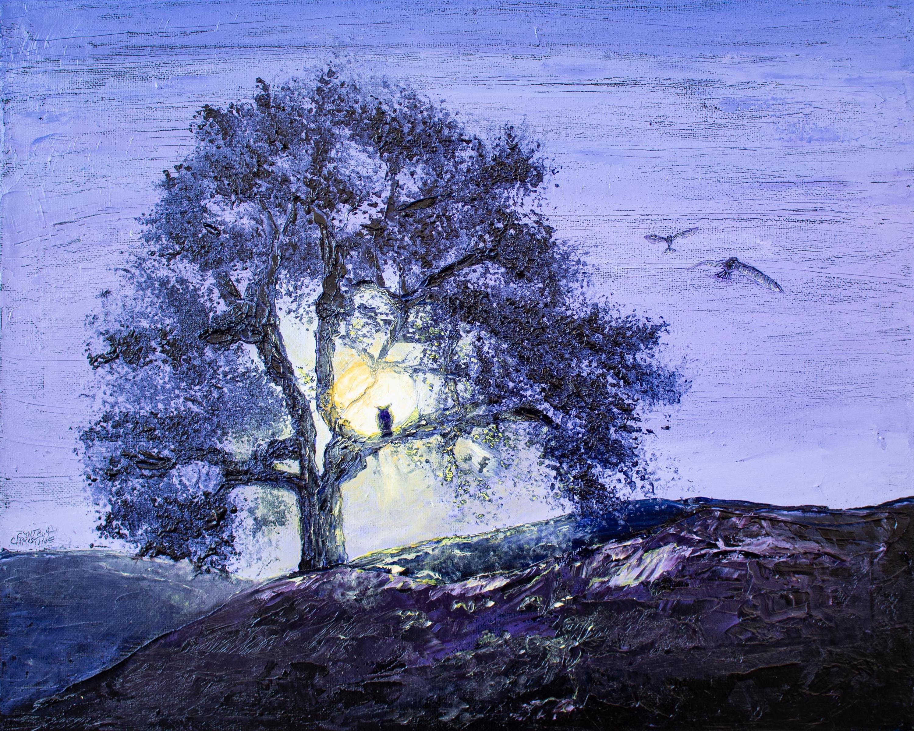 Amethyst Morning Moon, Owls in Moonlight, Violet Pre-Dawn, Purple Twilight, Golden Moon, Original Fr